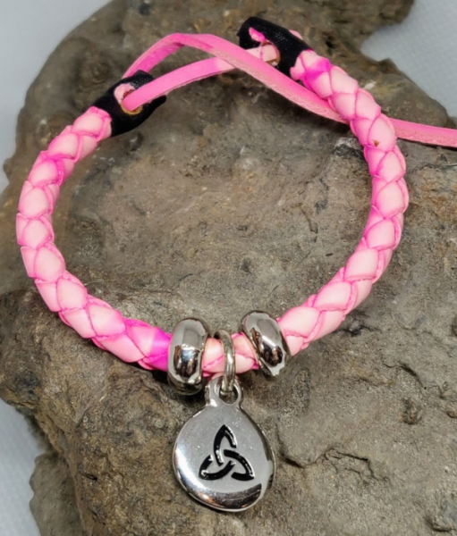 Leather Wristband with charm pink woven