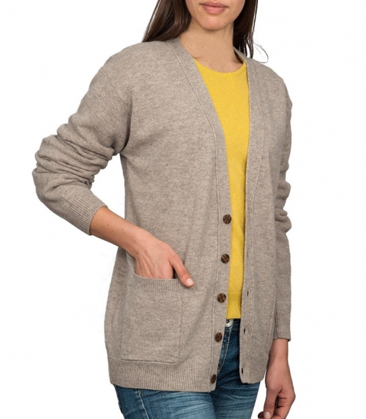 Woolovers Vee Neck Lambswool Cardigan beige